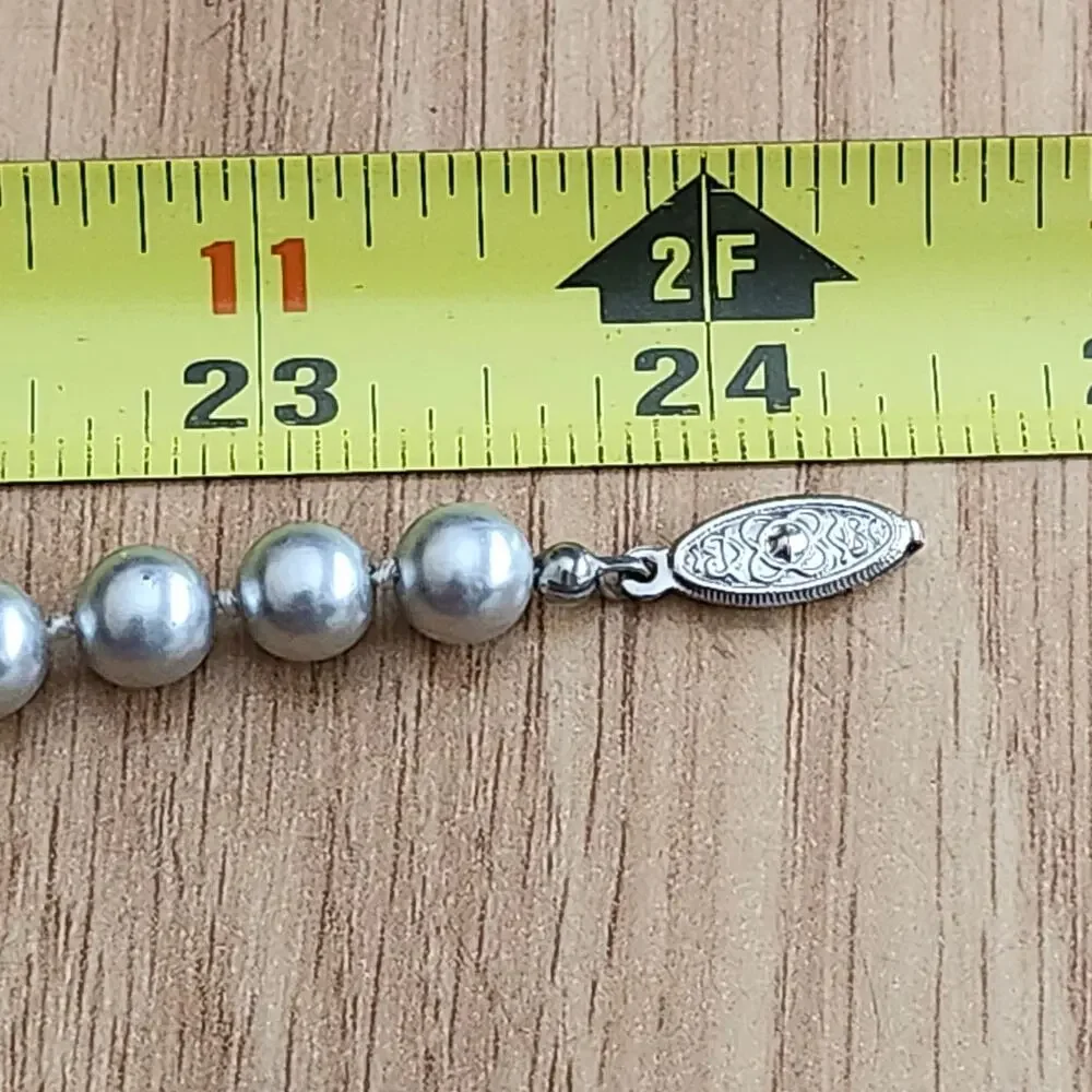 Vintage Gray Faux Pearl Strand Necklace Graduated Knotted 24in‎ Fishhook Clasp